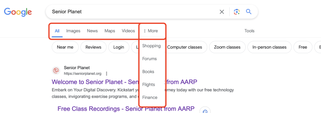 Google search tabs
