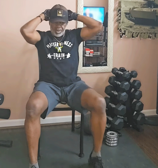 gif of senior African American man performing core exercises in chair