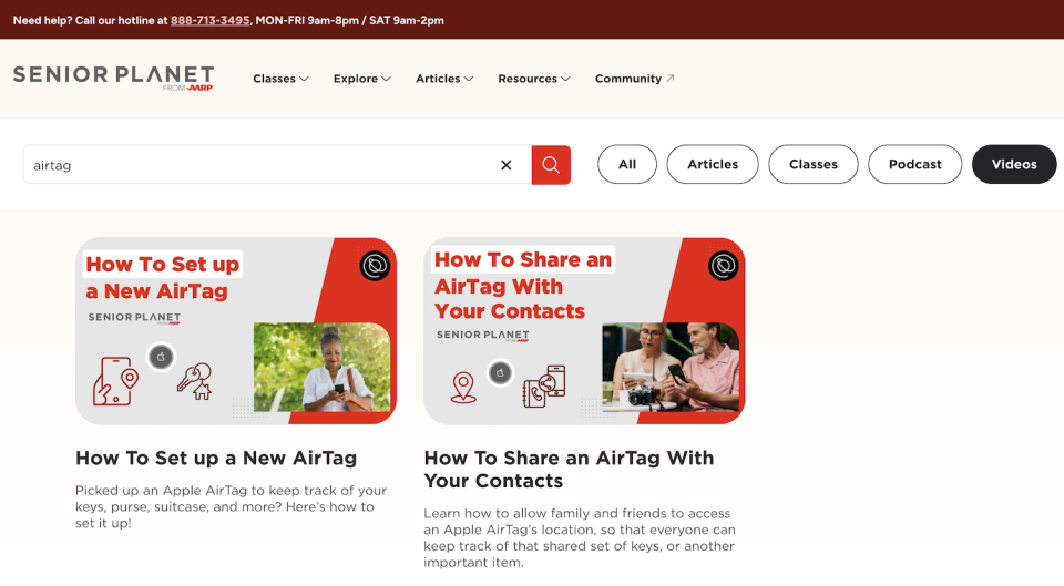screenshot of new senior planet website search function