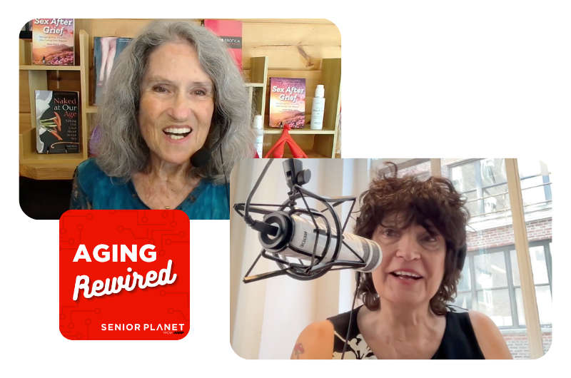 two senior women podcasting